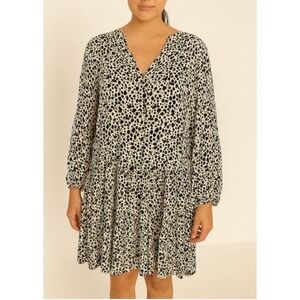 GAP Women's XXL Dress Animal Print Long Sleeve‎ Tiered V Neck Cream Black, NWT